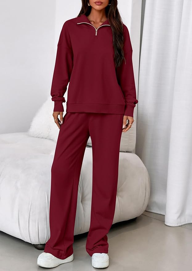 PRETTYGARDEN Womens Casual Two Piece Sets Fall 2026 Outfits Quarter Zip Sweatshirts Straight Leg Pants Sweatsuits Tracksuit
