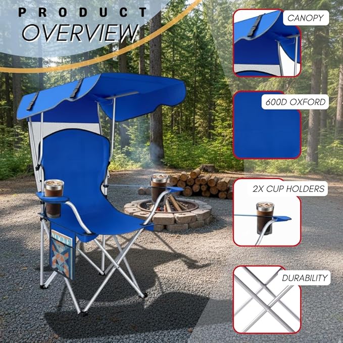 CozyBox Portable Folding Camping Chairs with Canopy Shade, Beach Chair for Adults, Durable Weather Resistant 600D Oxford Cloth, Camping Chair with Canopy for Outdoors [Blue-2 Pack]