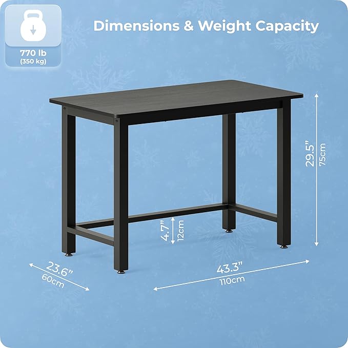 43" Home Office Desk Modern Computer Desk 43.3x23.6x29.5 inches PC Table with Thicken Frame Industrial Style Sturdy Metal Frame Furniture for Writing Gaming Black+Black