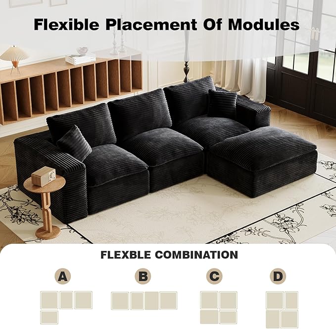 ZIGHTH 108" Plush Corduroy L Shaped Sectional Cloud Sofa Couch with Ottoman, Soft Deep Seat Modular Sectional Couches for Living Room,No Assembly. Black