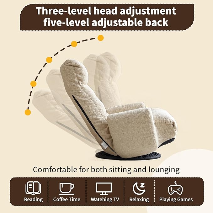 Swivel Lazy Floor Chair, Adjustable Reclining Floor Lounger with Head & Back Support and Phone Holder, Comfy Tatami Sofa Seat for Adults Bedroom & Gaming