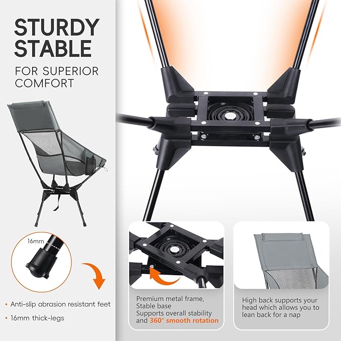Swivel Camping Chair, High Back Folding Chair with Head Support, Side Cup Pocket, Stable Portable Outdoor Chair for Camp, Travel, Beach, Party, Fishing, Hiking, Backpacking, Grey