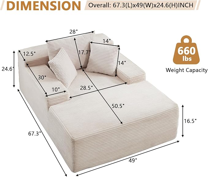 67.3'' Oversized Chaise Lounge Chair Indoor,Corduroy Boneless Couch with 3 Pillows Wide Armrest,Comfy Cloud Couch Sleeper Sofa Reading Chairs for Living Room Bedroom,No Assembly Required (Beige)