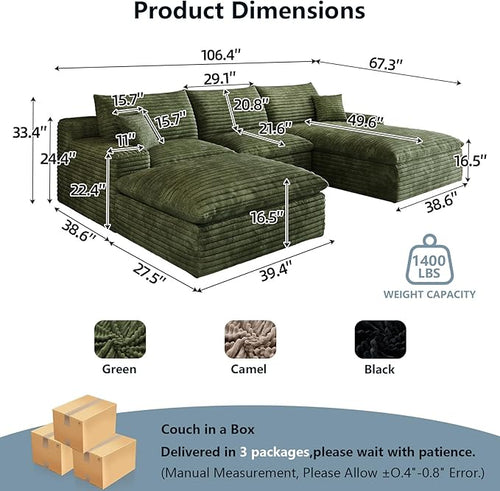 107" Cloud Sectional Couch U-Shaped Chaise with Ottoman, Corduroy Boneless Couch for Living Room Bedroom, Deep-Seat Upholstered Modular Cloud Sofa, No Assembly Required (Green, Right Facing Chaise)