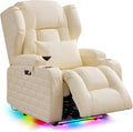 Wall Hugger Power Recliner Chair with Heat and Massage, Overstuffed Reclining Sofa Chair for Living Room Home Theater RV with 3-Side LED Lights/Cup Holders/USB & Type C Port (White)