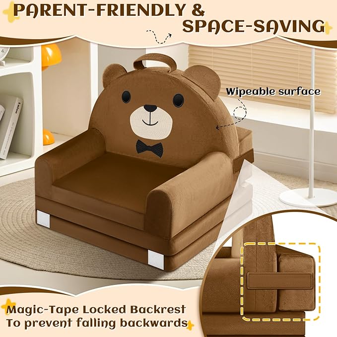 ORWIPO Kids Sofa Bed with Removable Washable Cover & Magic-Tape Backrest – Foldable Toddler Chair, Cozy Crystal Velvet Furniture for Playtime, Naps & Travel (Soft Brown, Bear Design)