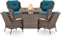 ACTREST Outdoor Patio Chairs with Fire Pit Table 5 Piece Set - High Back Brown Wicker Rattan Lawn Chair with Thick Cushion for Porch Apartment Deck Yard Poolside Garden - Peacock Blue