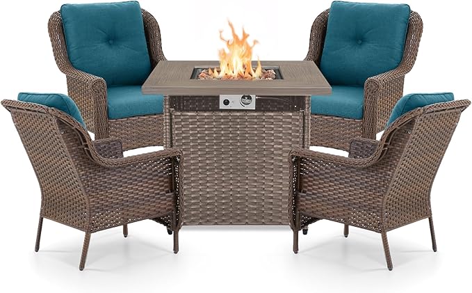ACTREST Outdoor Patio Chairs with Fire Pit Table 5 Piece Set - High Back Brown Wicker Rattan Lawn Chair with Thick Cushion for Porch Apartment Deck Yard Poolside Garden - Peacock Blue