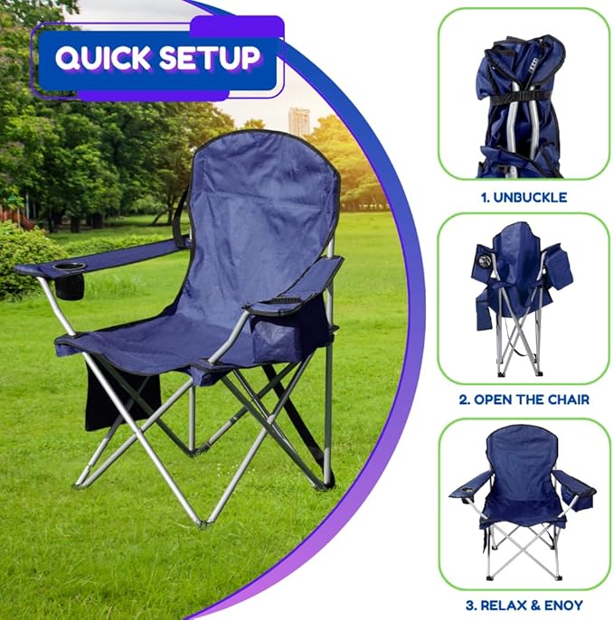 EZONE 2-Pack Camping Chairs with Built-in Ice Cooler, Portable Chair, Storage Pocket, Cup Holder, and Carry Bag Perfect for Camping, Tailgating, Fishing, Beach, and Lawn (2, Navy)