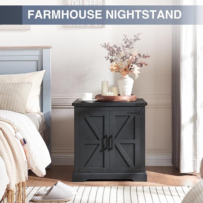 Barnyatoh Farmhouse End Table with Charging Station,24" Large Sofa Side Table with Barn Door, Rustic Wood Square Nightstand Bedside Table with Adjustable Storage Shelf for Living Room, Bedroom,Black