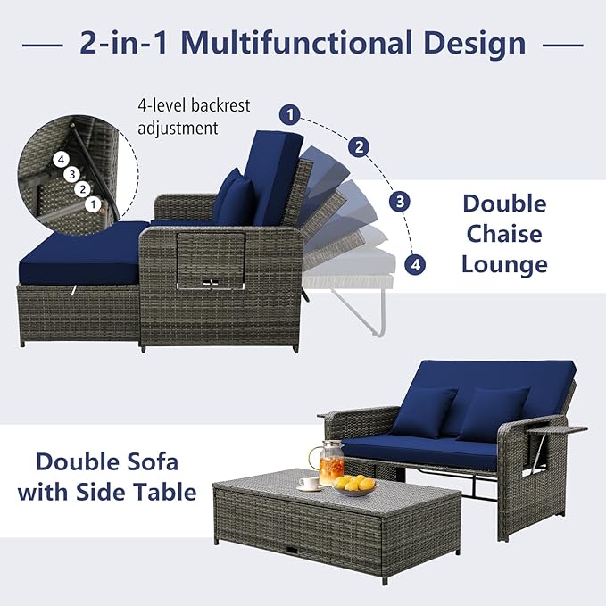 RELAX4LIFE Wicker Patio Outdoor Daybed - Rattan Day Bed Lounger with Loveseat & Storage Ottoman, Sunbed Sofa Set w/Cushions, 4-Level Adjustable Backrest & 2 Retractable Trays, Patio Daybed (Navy-Grey)