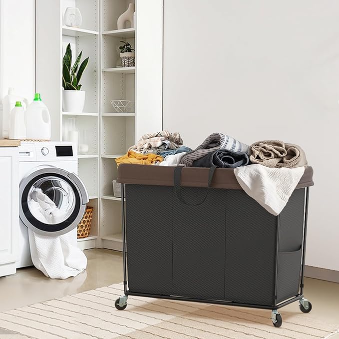 Mefirt 320L Laundry Hamper with Wheels, 3 Section Large Rolling Laundry Basket Bag with Wheels, Clothes Hamper Cart for Laundry, Bedroom, Bathroom and Dorm