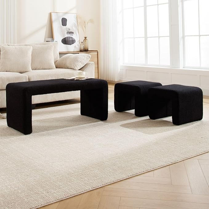 LukeAlon 3-Piece Nesting Ottoman Bench Set, 40.5" Wide Upholstered End of Bed Bench with 2 Small Stools Sherpa Comfy Entry Bench Vanity Bench Stools Modern Arched Bench for Living Room Bedroom, Black