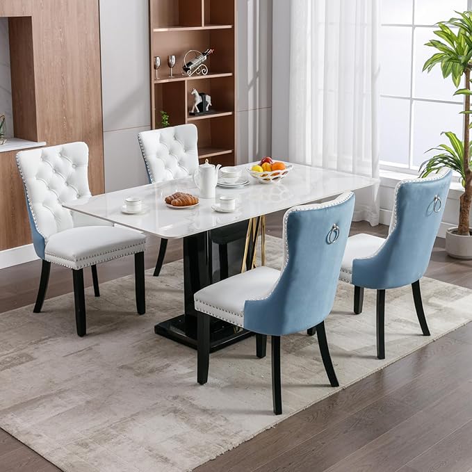 YeahFurn Modern Dining Chairs Set of 6, Tufted Upholstered Dining Room Chairs with Nailhead, PU Leather Front & Velvet Back, Solid Wood Legs, Kitchen Chairs, Sillas de Comedor (White & Light Blue)