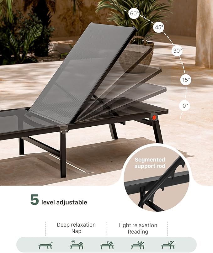 WOAJNQO Aluminum Patio Chaise Lounge Chair Set of 2 with Side Table,5-Position Adjustable Backrest,Foldable Lounge Chair Outdoor,Pool Lounge Chairs for Poolside,Lawn,Deck,Beach (Grey, 2 Pack+Table)