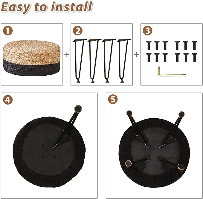 Wimarsbon Ottoman Pouf Handmade Natural Water Hyacinth,Round Footrest with 4 Metal Legs,Vanity Stool for Bedroom,Hallway,Living Room (Natural Water Hyacinth+Black Corn Husk)