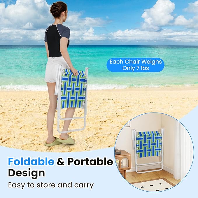GYMAX Lawn Chair Folding, Webbed Beach Lounge Chairs Set with Highback, Outdoor Portable Lightweight Camping Dinning Chair for Patio, Lawn, Poolside, Sports, Garden, Backyard (6,Blue)
