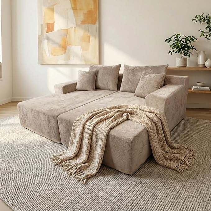 Sytopia Loveseat Chaise Lounge with Armrests, Oversized Sofa Bed with 4 Pillows, Cozy Boneless Sleeper, Modular Sectional Couch for Living Room Bedroom, Floor Chair Furniture sala Chenille