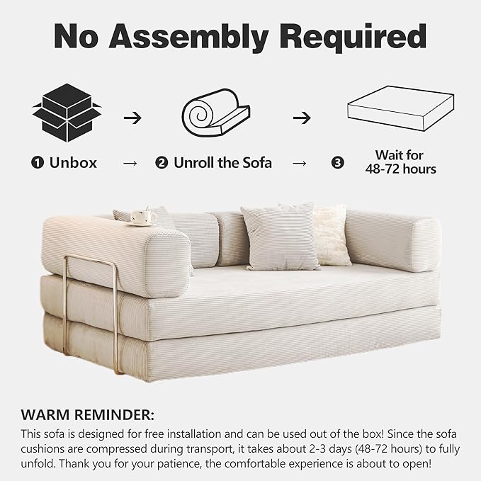 LIAROO 78.8" Convertible Sofa Bed -Compression Sofa with Corduroy Fabric - with Armrests and Backrest - Modular Sectional for Living Room, Bedroom, Studio - Compression Sofa in Box (Beige)