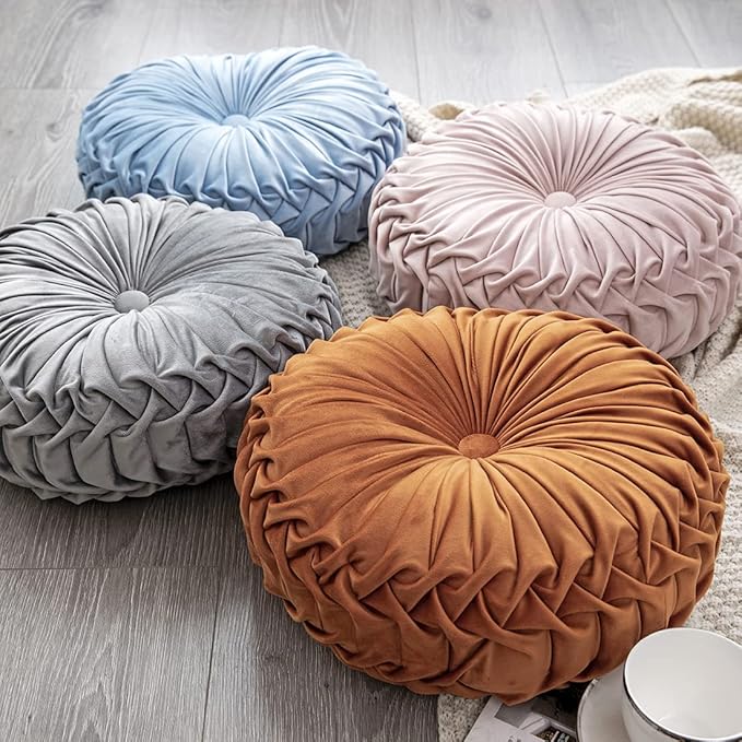 vctops Solid Velvet Seat Cushions Round Floor Pillows Thicken Chair Cushions Pleated Chair Pads Seat Pad Throw Pillows for Bedroom Living Room (Pink,Diameter 14")