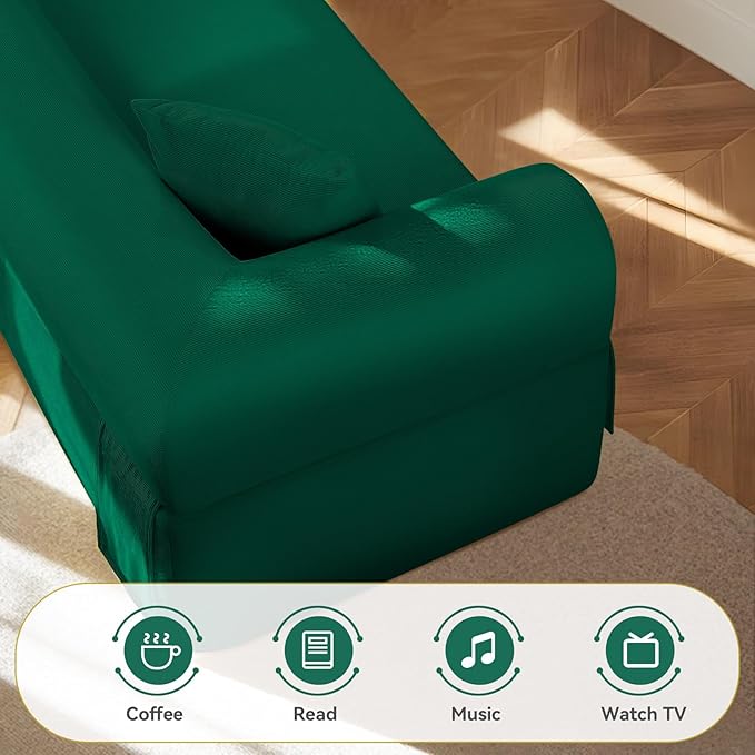 83" Boneless Couch, 3 Seater Sofa with 2 Matching Pillows Compact Corduroy Couches for Living Room Side Storage Pockets, Floor Sofa with Removable Armrests, No Assembly Required, Green