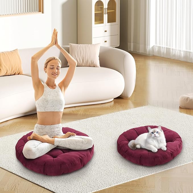 Gfobip Meditation Floor Pillow Set of 2 Large Round Floor Cushions for Adults Tufted Corduroy Floor Seat Pillows Cushion for Living Room Tatami Yoga,Wine Red 22" L x 22" W x 5" H