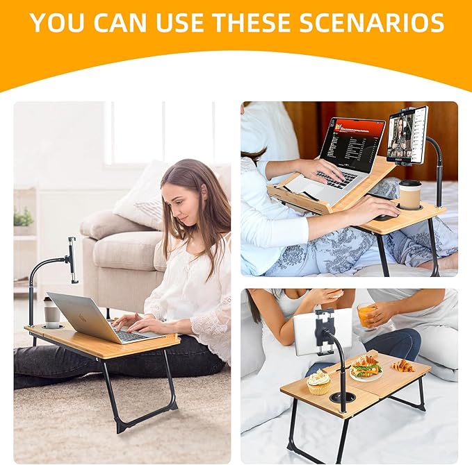 Laptop Desk in Bed, wishacc Adjustable Bamboo Lap Desk Table with Gooseneck Tablet Holder Mount for Laptop,Tablet,Phone,Book Reading