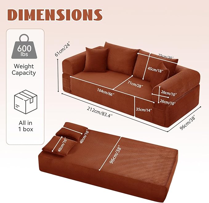83" Sofa in a Box, 3 Seater Couch No Assembly Boneless Sofa Bed with Cushion Back 2 Matching Pillows Deep Seat Corduroy Fabric Side Storage Pockets for Living Room, Bedroom, Apartment, Office, Orange