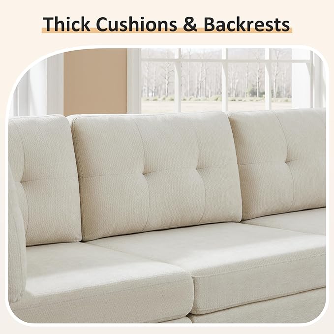 VANOMi 5 Seater Modular Sectional Sofa, Convertible Modular Cloud Sofa Bed with Ottoman, Comfy Chenille Sofas & Couches for Living Room, Apartment, Office, White, Sofa Bed
