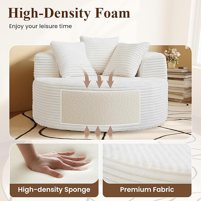 WJShome Oversized Round Chair Lounge Chaise Indoor,Upholstered Corduroy Sofa Bed with 3 Pillows,Comfy Sleeper Boneless Couch,Deep Seat Couches for Living Room, Beige
