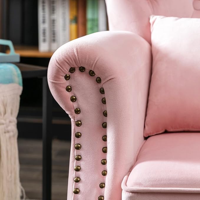 LZAREAL Accent Reading Arm Chairs for Living Room Bedroom, Midcentury Modern Comfy Corner Sofa Chair, Wingback Waiting Room Club Chair with Button Tufted Back &Lumbar Pillow, Velvet Pink