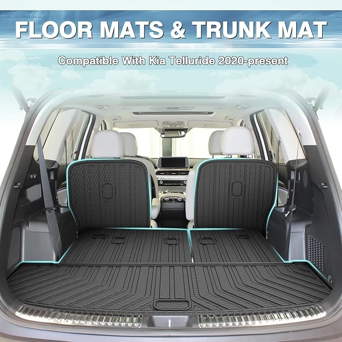 Mixsuper Floor Mats & Cargo Liner for Kia Telluride 2020-2025 7&8 Seats,All Weather TPE Floor Liner Trunk Cargo mat with Backrest Protectors,Full Set Car Mats for Telluride Accessories,Black