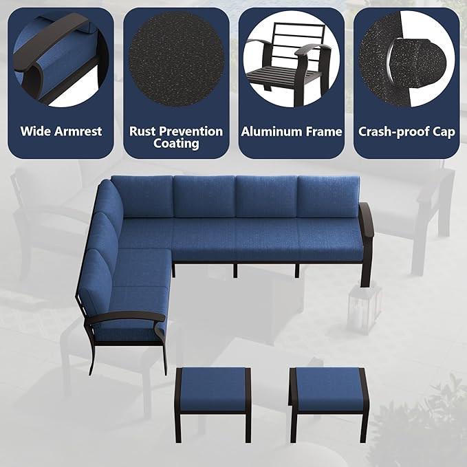 RTDTD Aluminum Outdoor Patio Furniture Set,11 Seats Patio Conversation Sets with 45" Propane Fire Pit Table,Metal Patio Sectional Furniture Set with 5.1" Thickened Cushions,Navy Blue