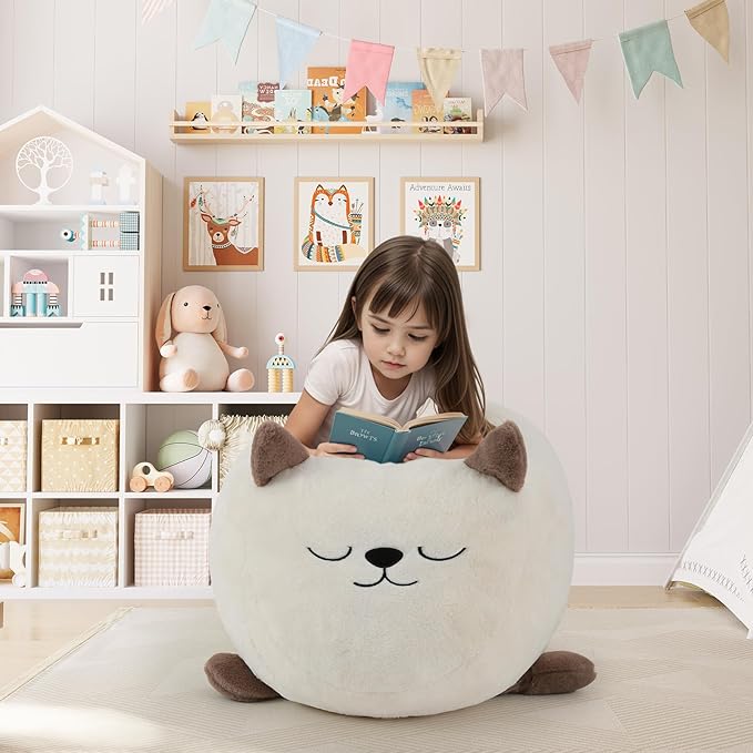COMAX Bean Bag Chairs for Kids, Kid Beanbag Chair Cute Cat with Filler, Big Toddler Lazy Floor Stuffed Couch Sofa for Girls Boys, White