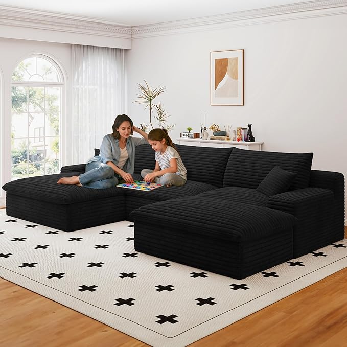 107" Cloud Sectional Couch with U-Shaped Chaise,Corduroy Viral Boneless Sofa with Ottoman,Memory Foam Couches in a Box with Deep Seat for Living Room,No Assembly Required(Jet Black,Left-Facing Chaise)