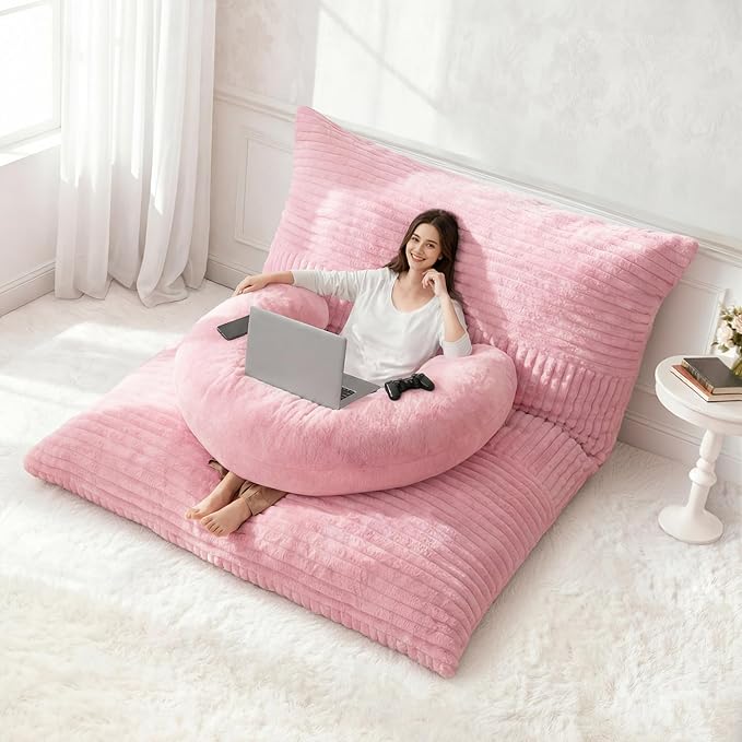 Homguava Giant Bean Bag Chair for Adults with Pillow, 4 in 1 Convertible Floor Cushion for Adluts, Memory Foamed Bean Bag Lounger with Washable Cover for Living Room, Bedroom