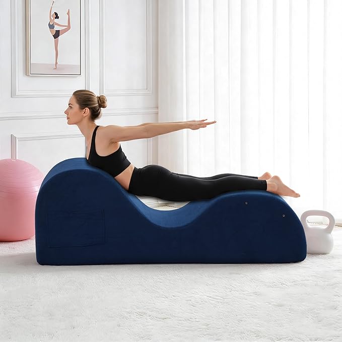 DRMBOOK Yoga Chairs for Adults, Corduroy Fabric Chaise Lounge with Headrest, Boneless Yoga Sofa Couch with Waist Cushion, Movable Footrest, Side Pockets for Relaxation Exercise Stretching (Blue)