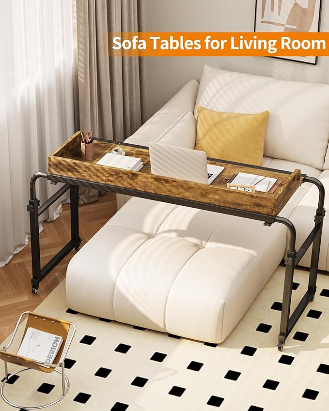 Saifu Overbed Table with Wheels,Adjustable Height & Length Laptop Desk for Bed,King & Queen Size Beds Bed Table,Rolling Standing Desk,Over Bed Table for Working Reading Eating,Brown