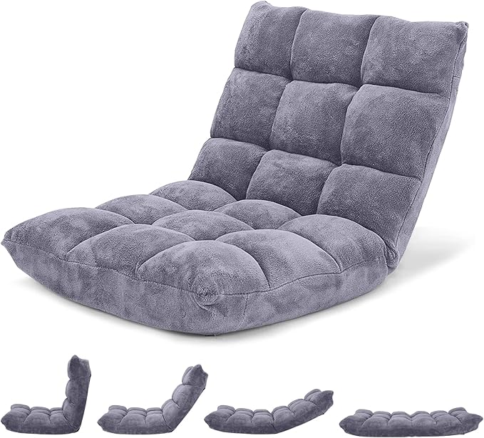 Giantex Folding Floor Chair with Back Support, 14 Adjustable Position, Padded Sleeper Bed, Couch Recliner, Gaming Floor Chairs for Adults, Meditation, Living Room (Grey)
