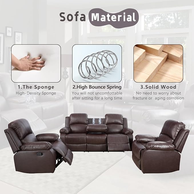 AYCP Bonded Leather Living Room Furniture Set Reclining Sofa Set Loveseat Furniture Sets in Living Room Sofa Recliners (3 Pieces, Brown)
