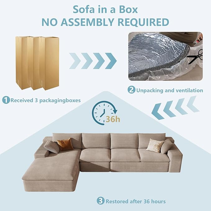 136" Cloud Sectional Couch with L-Shape Chaise, Modern Corduroy Viral Boneless Sofa for Living Room,Memory Foam Couches in a Box with Deep Seat,No Assembly Required (Camel,Left-Facing Chaise)