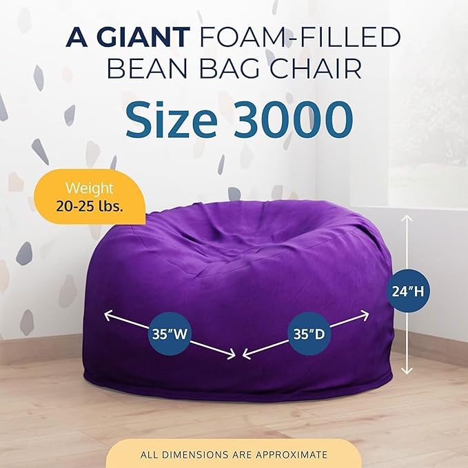 ULTIMATE SACK 3000 3-Foot Bean Bag Chair, Purple Suede Cover – Oversized Foam Lounger, Floor Seat, Small Sofa, or Couch Bed for Living Area, Gaming Room, or Reading Lounge