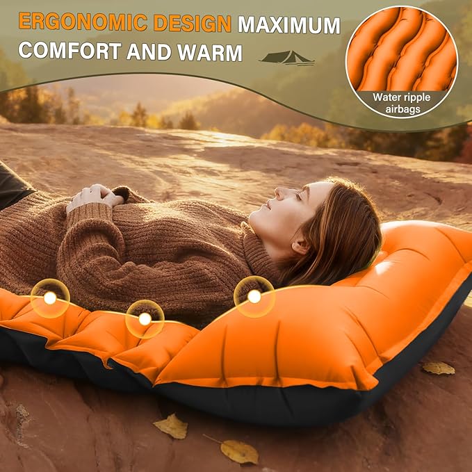 FUN PAC Camping Sleeping Pad, Ultralight Camping Pad with Pillow Built-in Foot Pump Inflatable Sleeping Pads Compact for Camping Backpacking Hiking Traveling - Orange