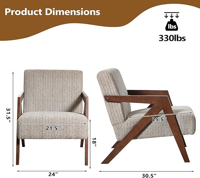 Bonzy Home Mid-Century Modern Accent Chair Set of 2 with Wood Frame, Upholstered Armchair for Bedroom & Living Room, Linen Fabric Cushion, Z-Shaped Armrest Design, Sturdy Lounge Chair