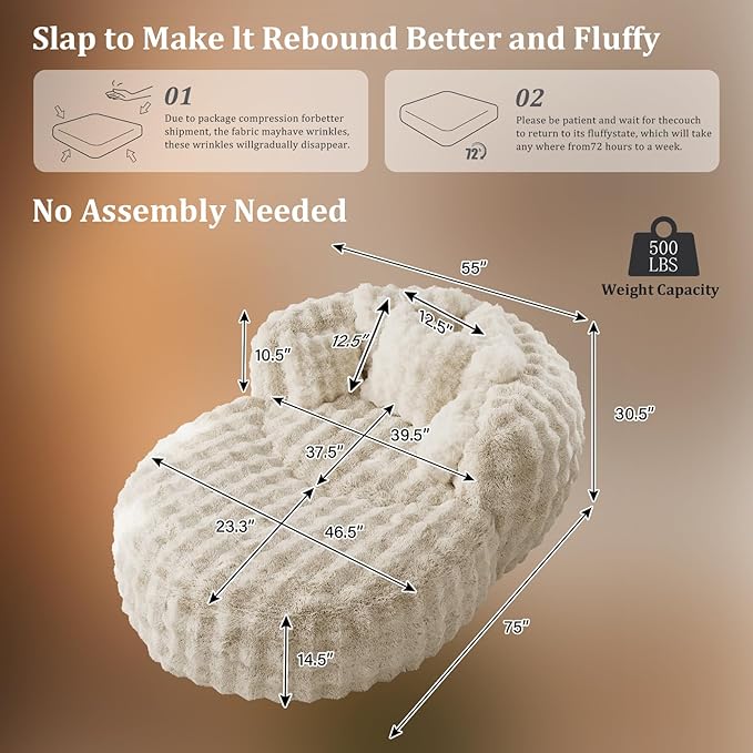 55" W Oversized Round Chaise Lounge Chair with Ottoman Indoor Boneless Faux Fur Plush Fluffy Circle Couch Soft Comfy Cozy Cloud Reading Chair for Living Room, Playroom, Bedroom - Beige White