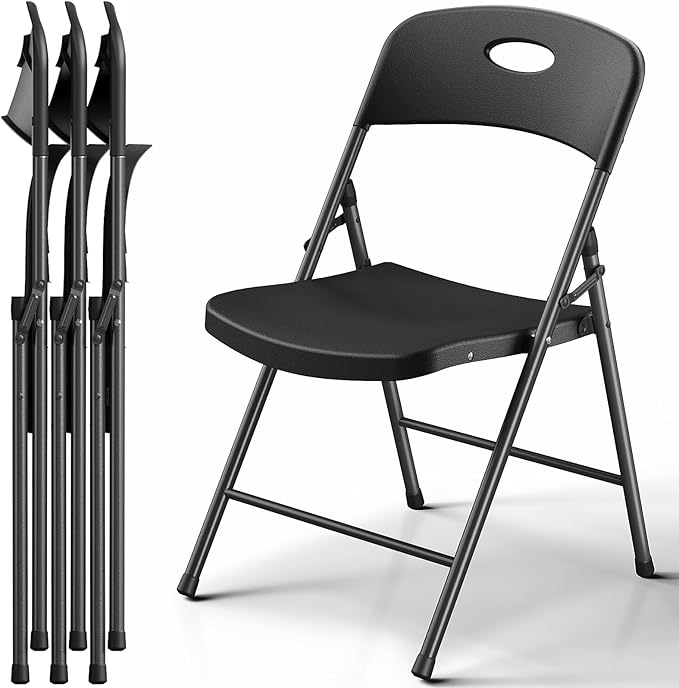 Plastic Folding Chair 4 Pack, Outdoor Sturdy Metal Folding Chairs for Outside Indoor, Portable 350 lbs Capacity Heavy Duty Foldable Commercial Seating for Picnic, Party, Patio, Black