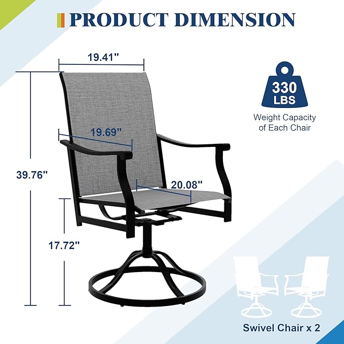 Outdoor Swivel Dining Chairs with Textilene Breathable Back, Swivel Patio Dining Chairs Set of 2, SwivelPatio SlingChairs Set for Poolside Lawn Garde