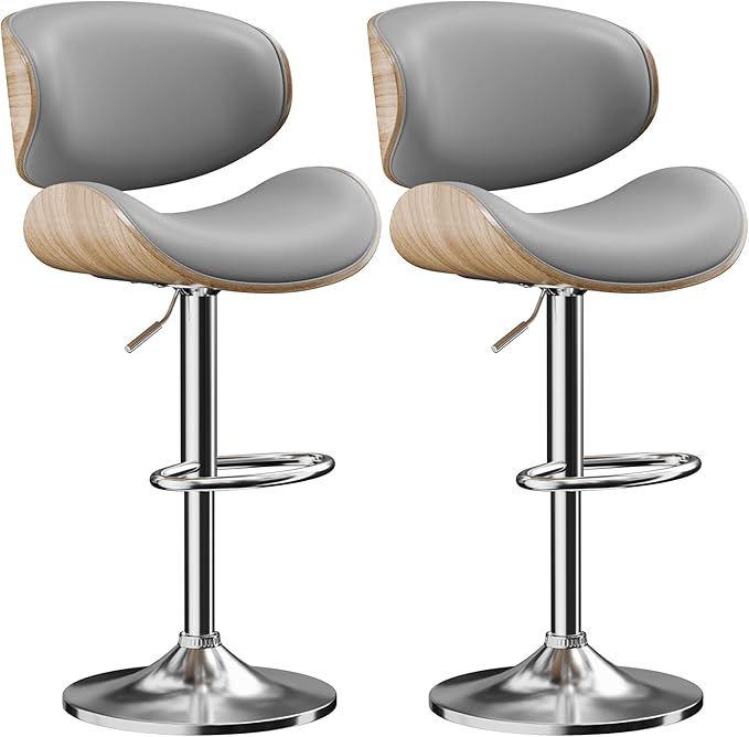 Aowos Bar Stools Set of 2, Adjustable Swivel Leather Bar Stools for Kitchen Island, Mid Century Modern Counter Height Bar Chairs Barstools with Back & Footrest (Grey)