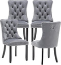 Kiztir Velvet Dining Chairs Set of 4, Upholstered Dining Chairs with Ring Pull Trim and Button Back, Luxury Tufted Dining Chair for Living Room, Bedroom, Kitchen (Gray)