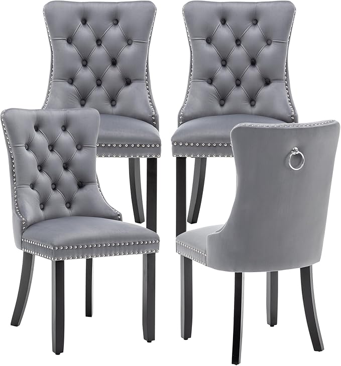 Kiztir Velvet Dining Chairs Set of 4, Upholstered Dining Chairs with Ring Pull Trim and Button Back, Luxury Tufted Dining Chair for Living Room, Bedroom, Kitchen (Gray)